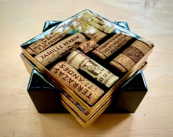 Wine Cork Coaster Set with Holder | Handmade Resin Coasters | Rustic Home Decor | Barware Gift for Wine Lovers