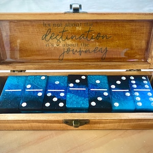 Handmade Resin Domino Set with Wooden Box: Blue Mountain Design