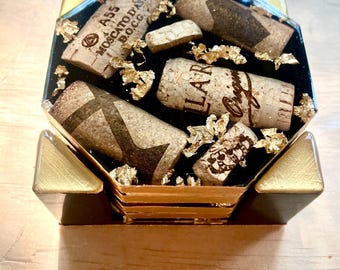 Wine Cork Coaster Set: Gold Flake Resin Coasters with Holder