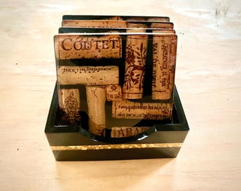 Wine Cork Coaster Set: Resin with Gold Flakes & Holder