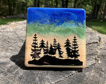 Resin Coasters Set: Forest Silhouette, Rustic Cabin Decor With Rustic Wooden Holder