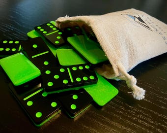 Black & Neon Green Resin Domino Set – Handmade Travel Dominoes | Modern Game Night Gift
