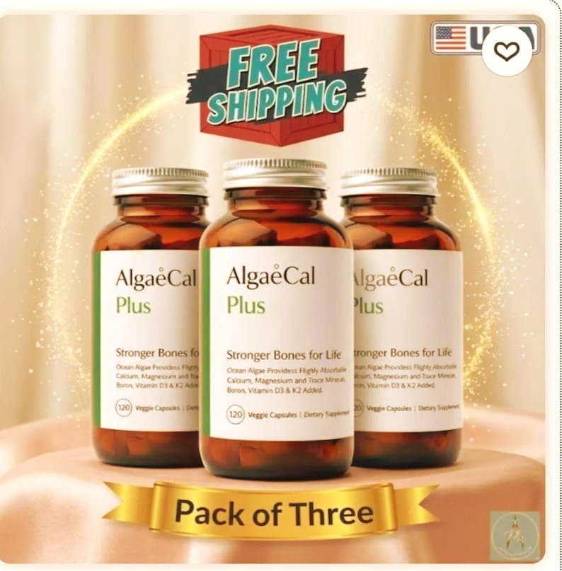 May include: Three amber glass bottles of AlgaeCal Plus dietary supplement, each featuring a white label with green text. The labels display the product name, the phrase Stronger Bones for Life, and indicate 120 veggie capsules per bottle.