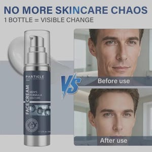 Puede incluir: Botella de producto para el cuidado de la piel con bomba plateada y etiqueta azul oscuro. La etiqueta dice "FACE CREAM" y "MEN'S FORMULA DAILY CARE". La imagen incluye una comparaci&oacute;n del antes y el despu&eacute;s, con el texto "NO MORE SKINCARE CHAOS".