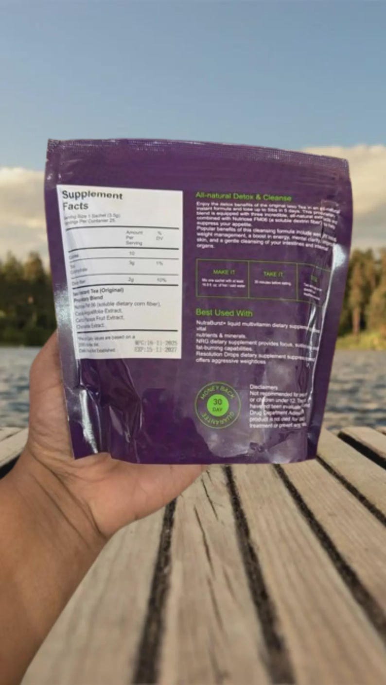 May include: A purple supplement packet with white text, held by a hand. The packet lists supplement facts and is labeled "All-natural Detox & Cleanse." It includes a "Money Back Guarantee" seal.