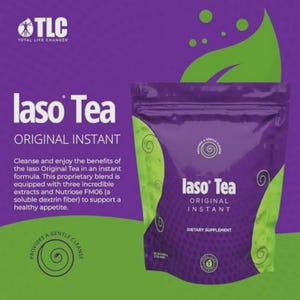 May include: A purple pouch of Iaso Tea Original Instant, a dietary supplement. The packaging features green accents and the text "Iaso Tea" in white. The background is a gradient of purple and green with a leaf graphic.