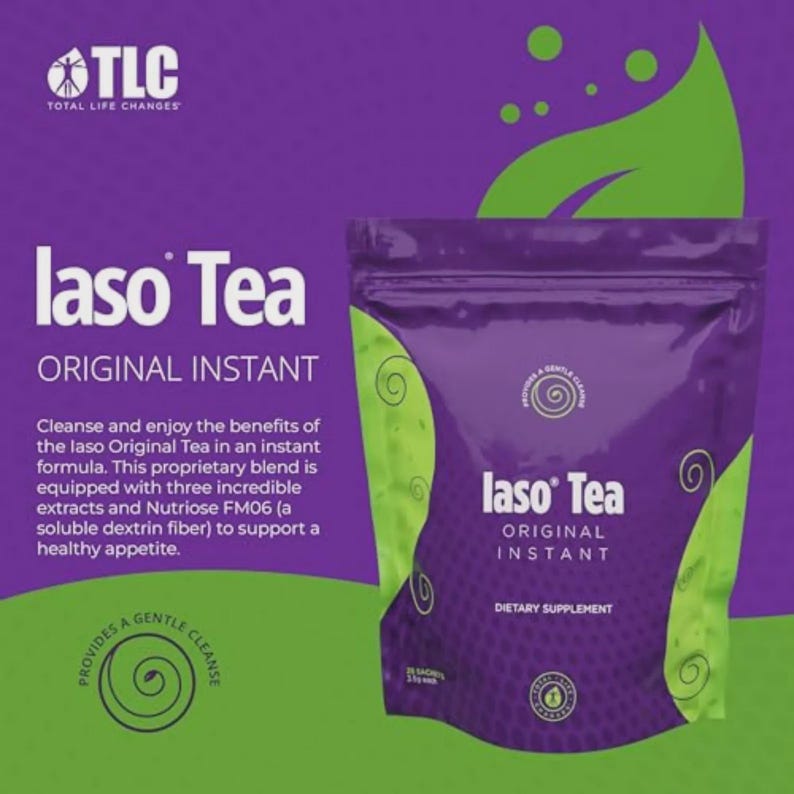 May include: A purple pouch of Iaso Tea Original Instant, a dietary supplement. The packaging features green accents and the text "Iaso Tea" in white. The background is a gradient of purple and green with a leaf graphic.