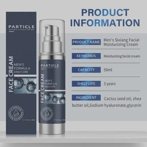 Puede incluir: Botella de crema facial plateada y azul marino con dispensador de bomba, etiquetada como "Particle Aesthetic Science for Men". El producto es "Men's Sixiang Facial Moisturizing Cream", con una capacidad de 50 ml. Caducidad 3 a&ntilde;os.