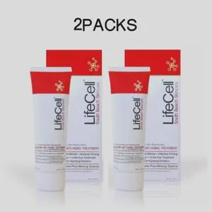K&ouml;nnte beinhalten: Zwei wei&szlig;e Tuben und zwei passende Schachteln der LifeCell South Beach Skincare Anti-Aging-Behandlung. Die Verpackung hat rote Akzente an der Oberseite, das LifeCell-Logo und Text, der das Produkt als All-in-One-Anti-Aging-Behandlung beschreibt.