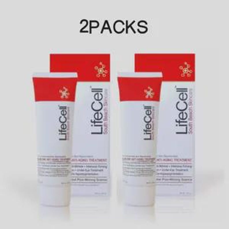 K&ouml;nnte beinhalten: Zwei wei&szlig;e Tuben und zwei passende Schachteln der LifeCell South Beach Skincare Anti-Aging-Behandlung. Die Verpackung hat rote Akzente an der Oberseite, das LifeCell-Logo und Text, der das Produkt als All-in-One-Anti-Aging-Behandlung beschreibt.