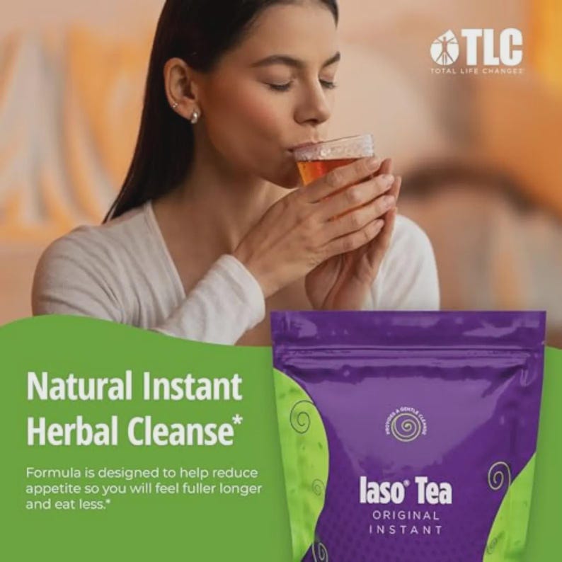 May include: A woman sips tea from a clear glass. The image features a purple bag of "Iaso Tea" and text that reads "Natural Instant Herbal Cleanse." The TLC logo is visible in the top right corner. The green text box states the formula helps reduce appetite.