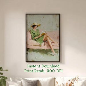 Printable Wall Art – Woman Reading on Sofa, Impressionist Style Home Decor