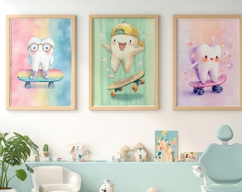 Kids Dental Wall Art Set – 12 Tooth PNG Prints for Pediatric Dentist Office