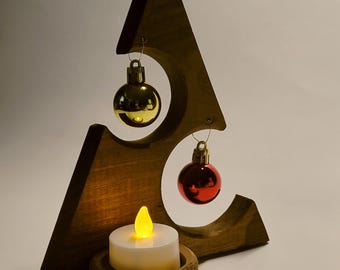 Rustic Christmas Tree Shelf Decor | Wooden Holiday Tree | Mini Ornaments | Tealight Light-Up Christmas Decoration