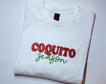 Coquito Season Christmas T-Shirt – Glitter Appliqué Holiday Top | Navidad Boricua