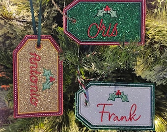 Personalized Felt Christmas Gift Tag Ornament with Glitter Applique | Custom Name Reusable Tag