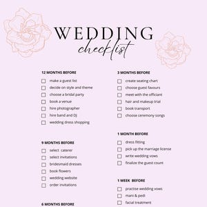 May include: A light pink wedding checklist with floral accents. The checklist includes tasks such as making a guest list, booking a venue, and choosing wedding rings. The text "WEDDING checklist" is at the top.