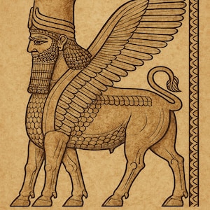 Ancient Mesopotamian Lamassu Wall Art – Assyrian Mythological Decor – Historical Winged Guardian Print