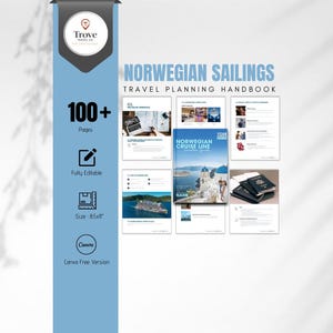 May include: A travel planning handbook titled "Norwegian Sailings" with over 100 pages. The handbook is fully editable and sized at 8.5x11 inches. The cover features a photo of a cruise ship and the text "Norwegian Cruise Line".