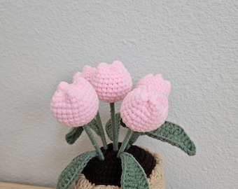 Crochet tulip flower pot home decor gift
