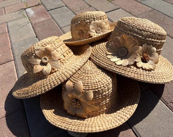 Handwoven Water Hyacinth Boater Hat with Flower Accent – Wide Brim Summer Sun Hat