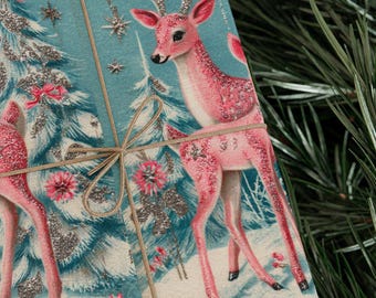 Pink Retro Reindeer Wrapping Paper,  Glittery Vintage Christmas Gift Wrap, Kitsch Holiday Aesthetic