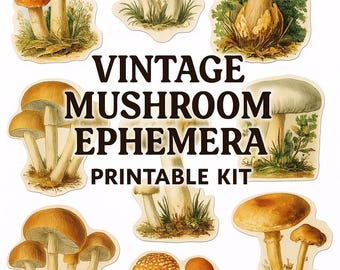 40+ Vintage Mushroom Printable Ephemera Kit, 12 Digital Pages of Mycology Clipart, Toadstool Fussy Cuts, Junk Journal, Digital Download