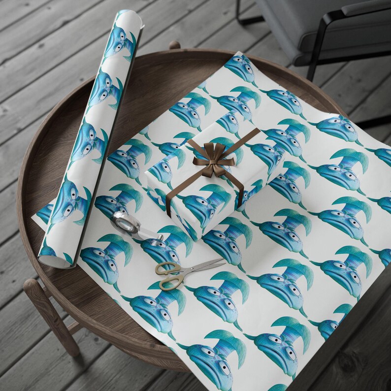 Pouty Fish Style Gift Wrap, Ocean Fish Wrapping Paper, Under the Sea Birthday Wrap, Whimsical Gift Wrap for Kids image 4