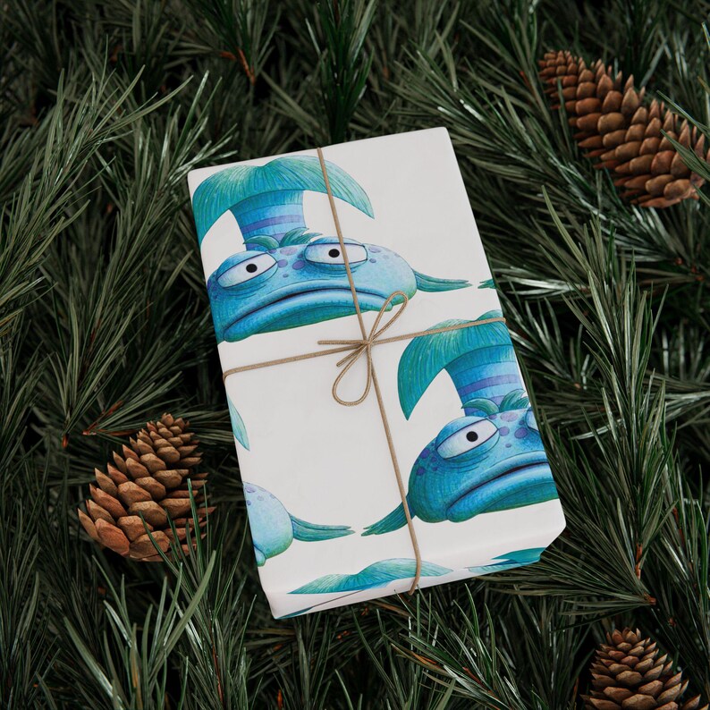 Pouty Fish Style Gift Wrap, Ocean Fish Wrapping Paper, Under the Sea Birthday Wrap, Whimsical Gift Wrap for Kids image 5
