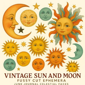 May include: A selection of vintage celestial illustrations, including suns, moons, and stars in various sizes and expressions. The colour palette features yellow, orange, and teal hues. Text at the bottom reads "VINTAGE SUN AND MOON" and "FUSSY CUT EPHEMERA".