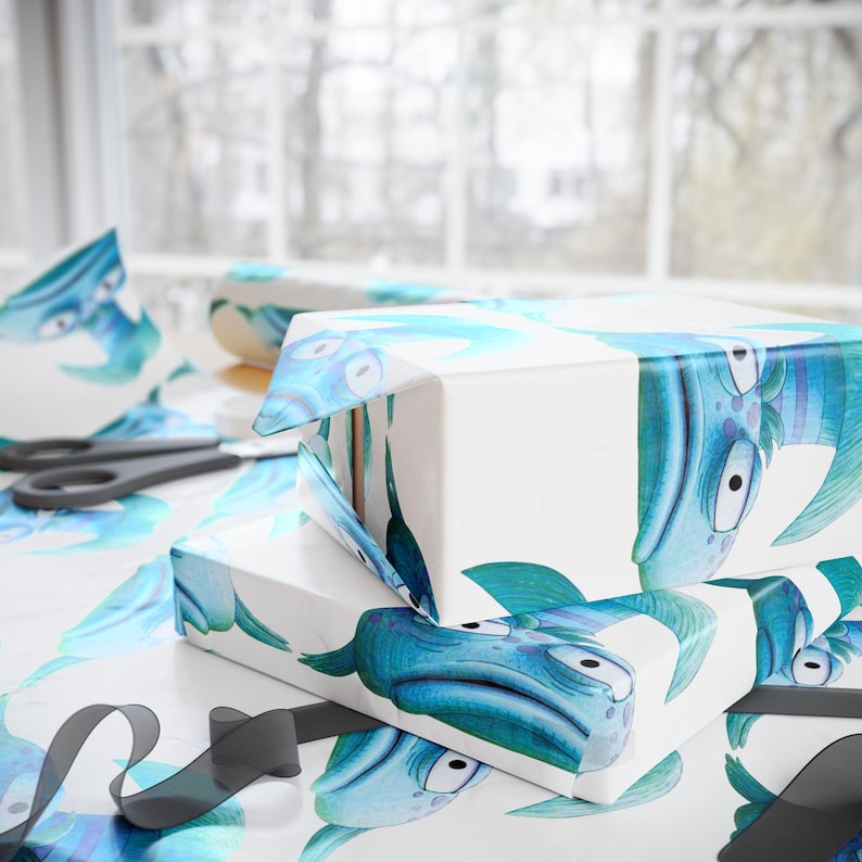 Pouty Fish Style Gift Wrap, Ocean Fish Wrapping Paper, Under the Sea Birthday Wrap, Whimsical Gift Wrap for Kids image 6