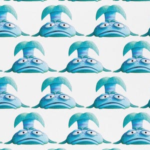 May include: A repeating pattern of cartoon blue creatures with large heads and sad expressions. Each creature has a teal, mushroom-shaped headpiece with blue and purple stripes. The background is plain white.