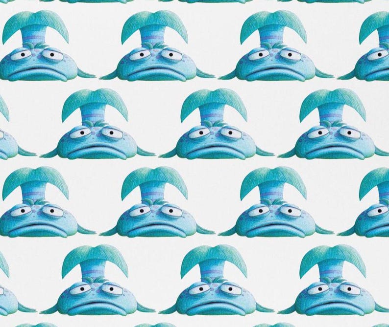 May include: A repeating pattern of cartoon blue creatures with large heads and sad expressions. Each creature has a teal, mushroom-shaped headpiece with blue and purple stripes. The background is plain white.