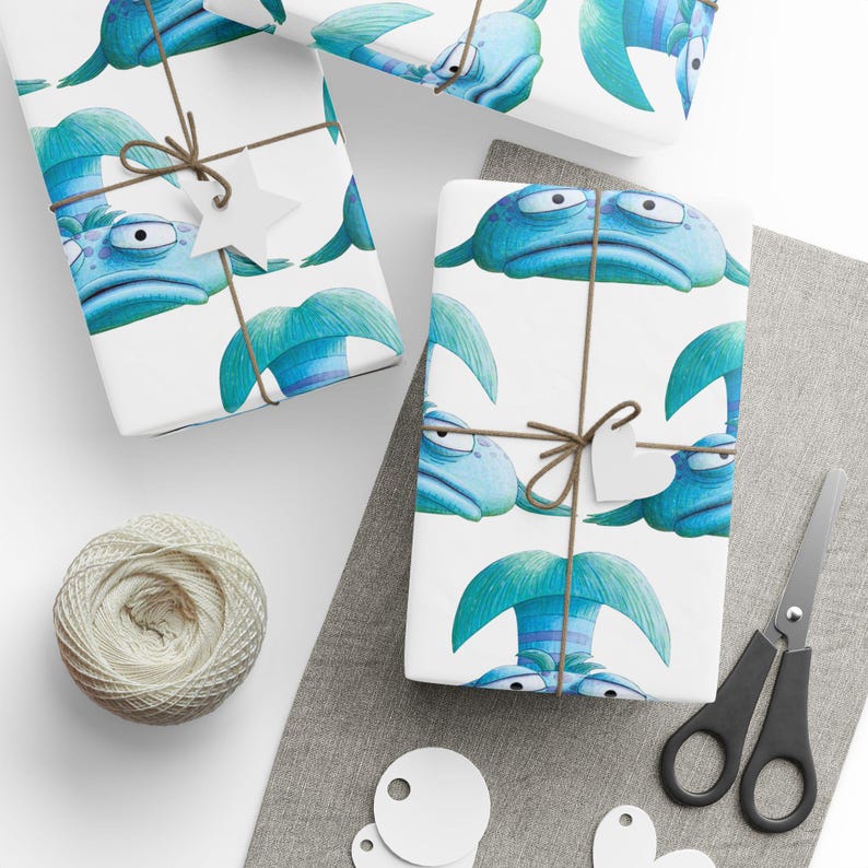 Pouty Fish Style Gift Wrap, Ocean Fish Wrapping Paper, Under the Sea Birthday Wrap, Whimsical Gift Wrap for Kids image 3