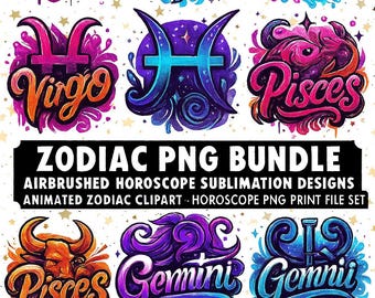 Zodiac Graffiti Clipart Bundle: Airbrushed Horoscope PNG & PDF (Digital Download