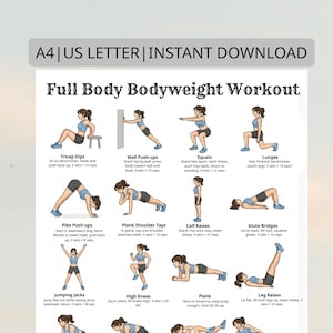 Pode incluir: Um guia de treino de corpo inteiro com ilustrações de vários exercícios. Os exercícios incluem tríceps, flexões de parede, agachamentos, estocadas, flexões de pique, toques de ombro em prancha, elevações de panturrilha, pontes de glúteos, saltos, joelhos altos, prancha e elevações de pernas.