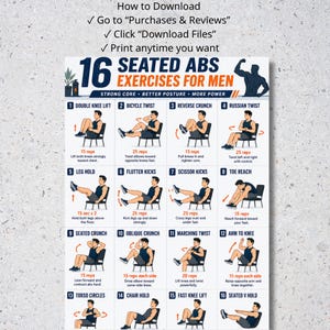 Puede incluir: Una gu&iacute;a de fitness titulada "16 ejercicios abdominales sentados para hombres" con ilustraciones de ejercicios. La gu&iacute;a incluye instrucciones para cada ejercicio, como Double Knee Lift, Bicycle Twist y Reverse Crunch. La gu&iacute;a tambi&eacute;n incluye el texto "Strong Core, Better Posture, More Power."