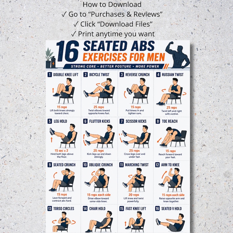 Puede incluir: Una gu&iacute;a de fitness titulada "16 ejercicios abdominales sentados para hombres" con ilustraciones de ejercicios. La gu&iacute;a incluye instrucciones para cada ejercicio, como Double Knee Lift, Bicycle Twist y Reverse Crunch. La gu&iacute;a tambi&eacute;n incluye el texto "Strong Core, Better Posture, More Power."