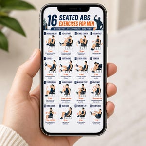 Puede incluir: Un tel&eacute;fono inteligente muestra una gu&iacute;a de ejercicios titulada "16 Seated Abs Exercises for Men". La gu&iacute;a presenta ilustraciones de ejercicios como elevaciones dobles de rodillas y giros de bicicleta. El tel&eacute;fono est&aacute; en una mano.