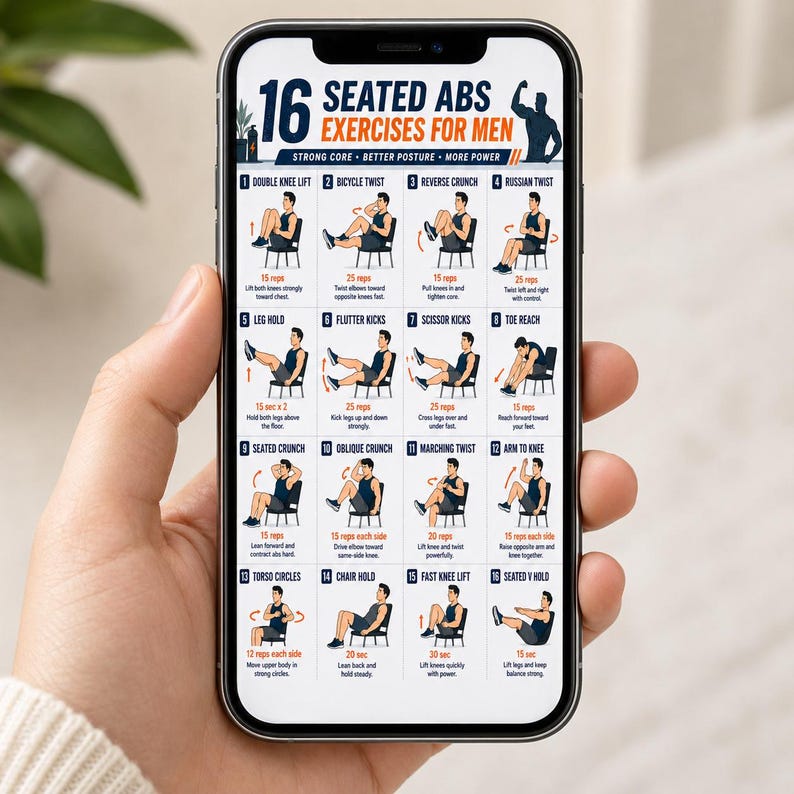 Puede incluir: Un tel&eacute;fono inteligente muestra una gu&iacute;a de ejercicios titulada "16 Seated Abs Exercises for Men". La gu&iacute;a presenta ilustraciones de ejercicios como elevaciones dobles de rodillas y giros de bicicleta. El tel&eacute;fono est&aacute; en una mano.