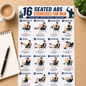 Puede incluir: Una gu&iacute;a de ejercicios impresa titulada "16 Ejercicios abdominales sentados para hombres" con ilustraciones de ejercicios. La gu&iacute;a incluye ejercicios como elevaciones dobles de rodillas, giros de bicicleta y giros rusos. Tambi&eacute;n se ven una taza de caf&eacute;, un bloc de notas y un bol&iacute;grafo.
