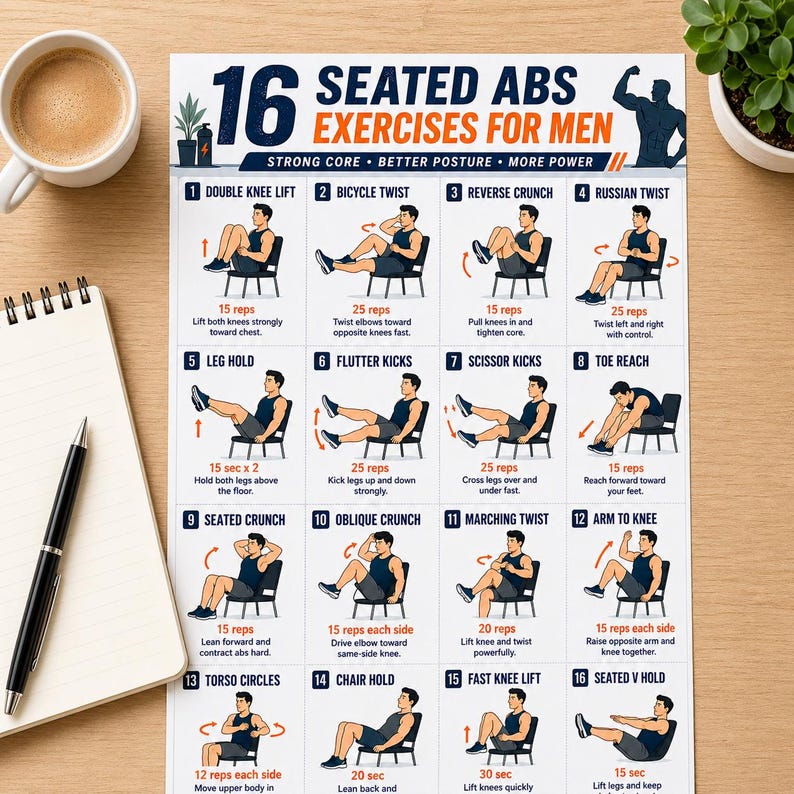 Puede incluir: Una gu&iacute;a de ejercicios impresa titulada "16 Ejercicios abdominales sentados para hombres" con ilustraciones de ejercicios. La gu&iacute;a incluye ejercicios como elevaciones dobles de rodillas, giros de bicicleta y giros rusos. Tambi&eacute;n se ven una taza de caf&eacute;, un bloc de notas y un bol&iacute;grafo.