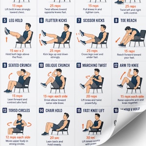Puede incluir: Gu&iacute;a de entrenamiento ilustrada con 16 ejercicios, incluyendo sujeciones de piernas, patadas de aleteo y abdominales sentados. Cada ejercicio se demuestra con una persona en una silla, con instrucciones.