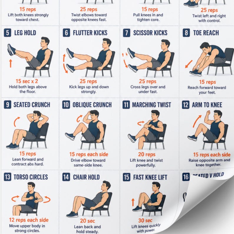 Puede incluir: Gu&iacute;a de entrenamiento ilustrada con 16 ejercicios, incluyendo sujeciones de piernas, patadas de aleteo y abdominales sentados. Cada ejercicio se demuestra con una persona en una silla, con instrucciones.