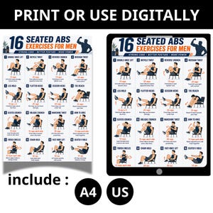 Puede incluir: Una gu&iacute;a digital de ejercicios con 16 ejercicios abdominales sentados para hombres, incluyendo elevaciones de rodillas dobles y giros rusos. Disponible en formatos A4 y US.