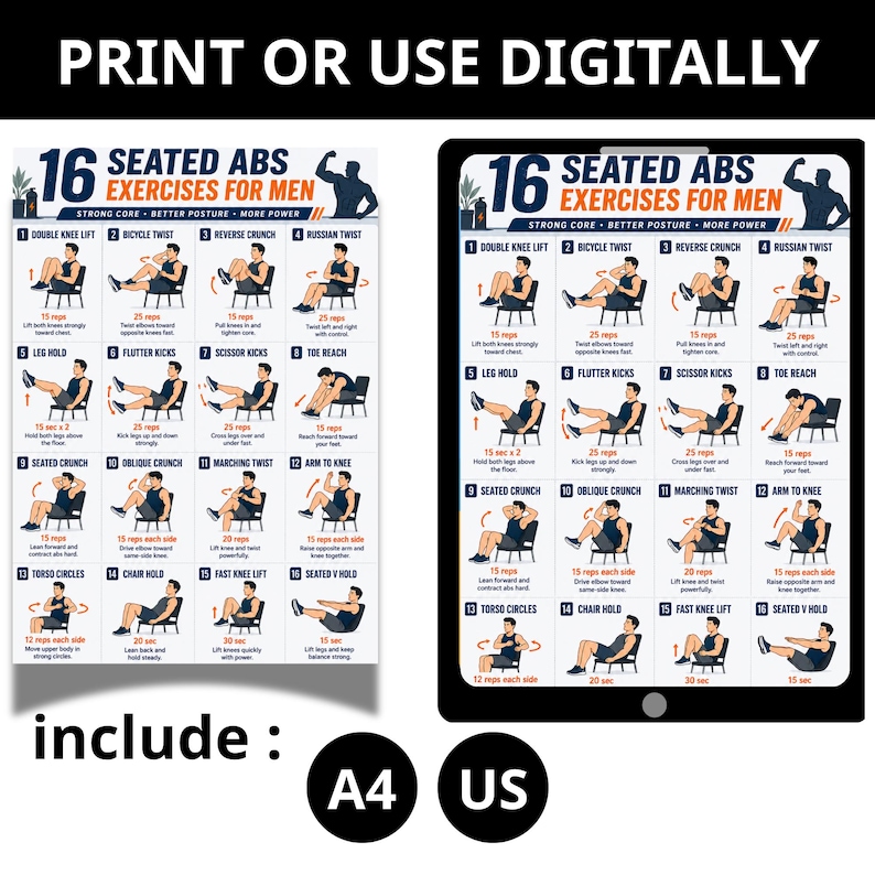Puede incluir: Una gu&iacute;a digital de ejercicios con 16 ejercicios abdominales sentados para hombres, incluyendo elevaciones de rodillas dobles y giros rusos. Disponible en formatos A4 y US.