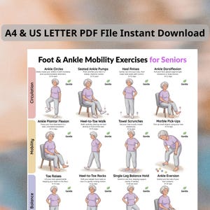 Foot & Ankle Exercises for Seniors Printable, Ankle Exercises Chart, Seated and Standing Foot Exercises, Older Adults Legs Home Exercise PDF