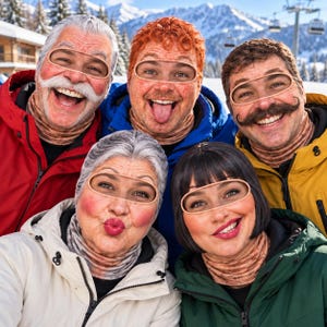 Puede incluir: Cinco personas con bragas de cuello estampadas con rostros realistas que muestran diversas expresiones, peinados y bigotes. Cada prenda tiene una abertura para los ojos, creando una ilusión humorística de diferentes rostros al llevarla puesta.