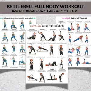 May include: A digital workout guide with kettlebell exercises, available for instant download. The guide is split into sections for glutes and hips, core and abs, and total body workouts. Each section has illustrated exercises with instructions. The title "KETTLEBELL FULL BODY WORKOUT" is at the top.