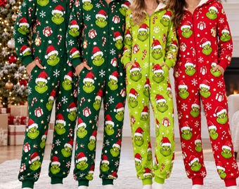 Family Green Monster Christmas Pajamas, Hooded Fleece Onesie, Green One Pajamas, Holiday Family Matching Sleepwear, Cute Christmas Gift